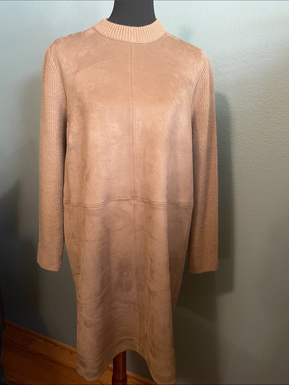 Women's Suede Taupe Long Knit-Sleeve Dress